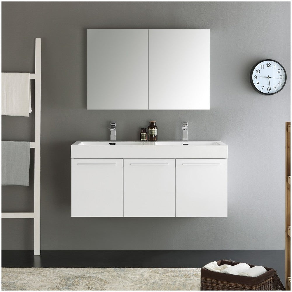 Vista 48" White Wall Hung Double Sink Modern Bathroom Vanity w/ Medicine Cabinet