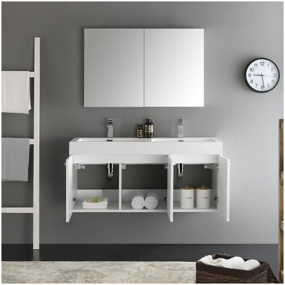 Vista 48" White Wall Hung Double Sink Modern Bathroom Vanity w/ Medicine Cabinet