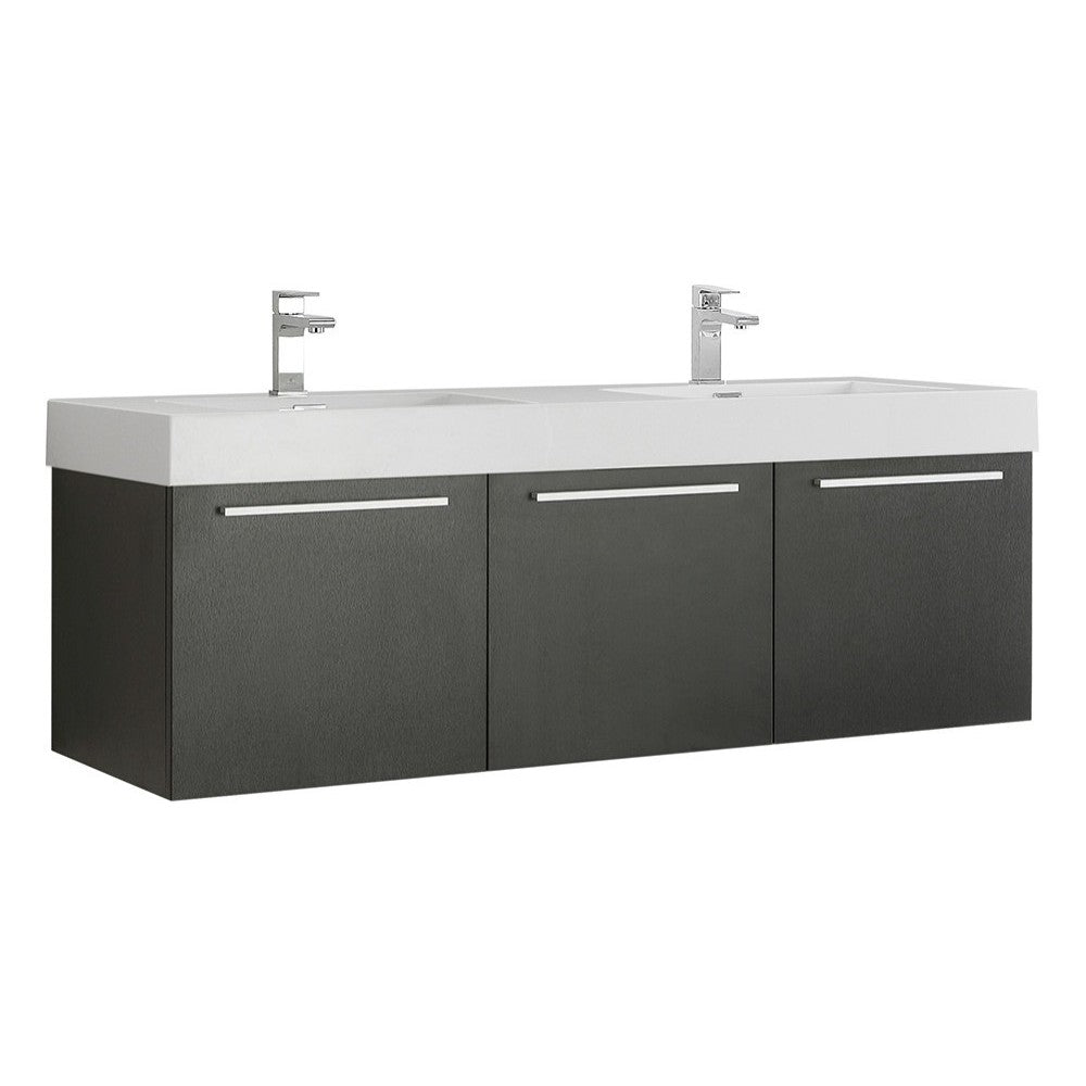 Vista 60" Black Wall Hung Double Sink Modern Bathroom Cabinet w/ Integrated Sink