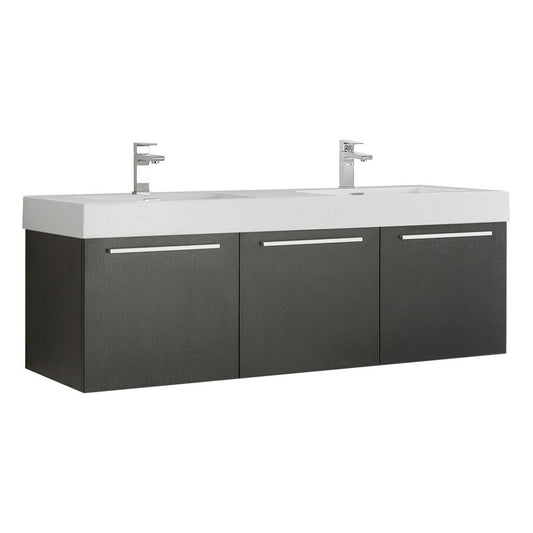Vista 60" Black Wall Hung Double Sink Modern Bathroom Cabinet w/ Integrated Sink