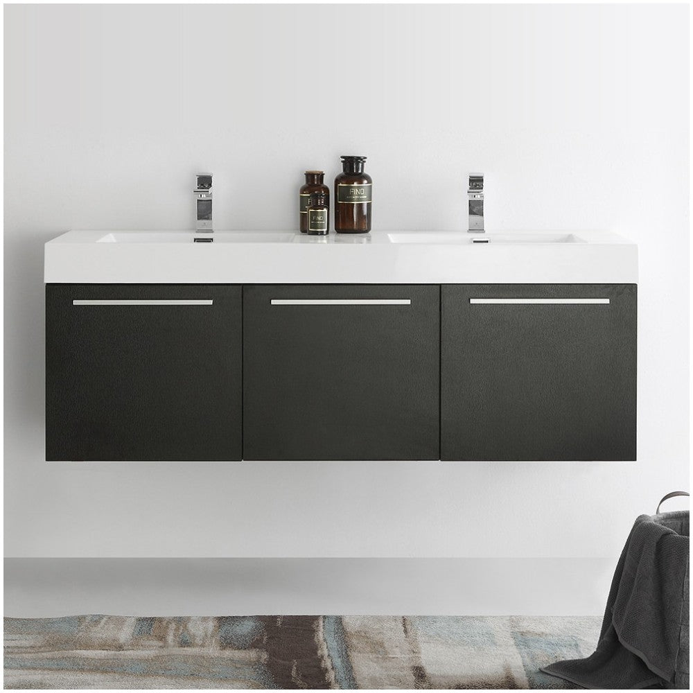 Vista 60" Black Wall Hung Double Sink Modern Bathroom Cabinet w/ Integrated Sink