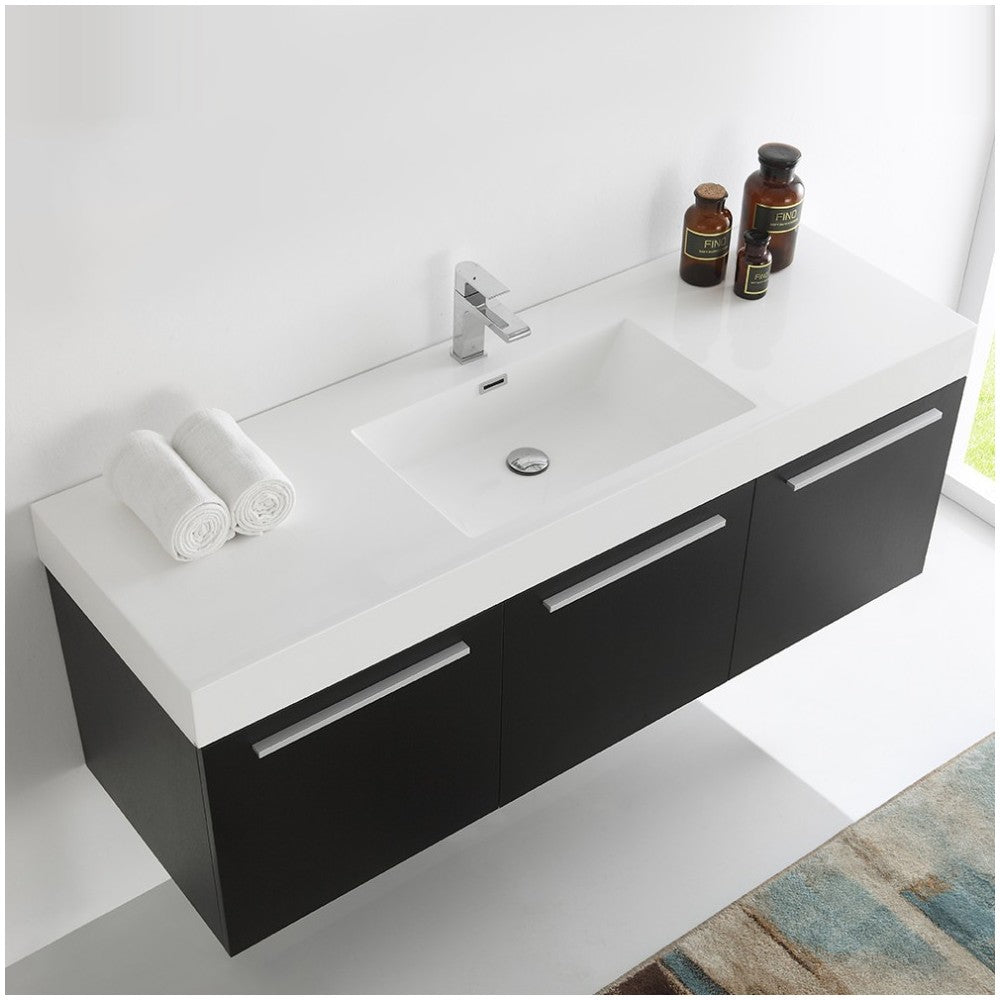 Vista 60" Black Wall Hung Single Sink Modern Bathroom Cabinet w/ Integrated Sink