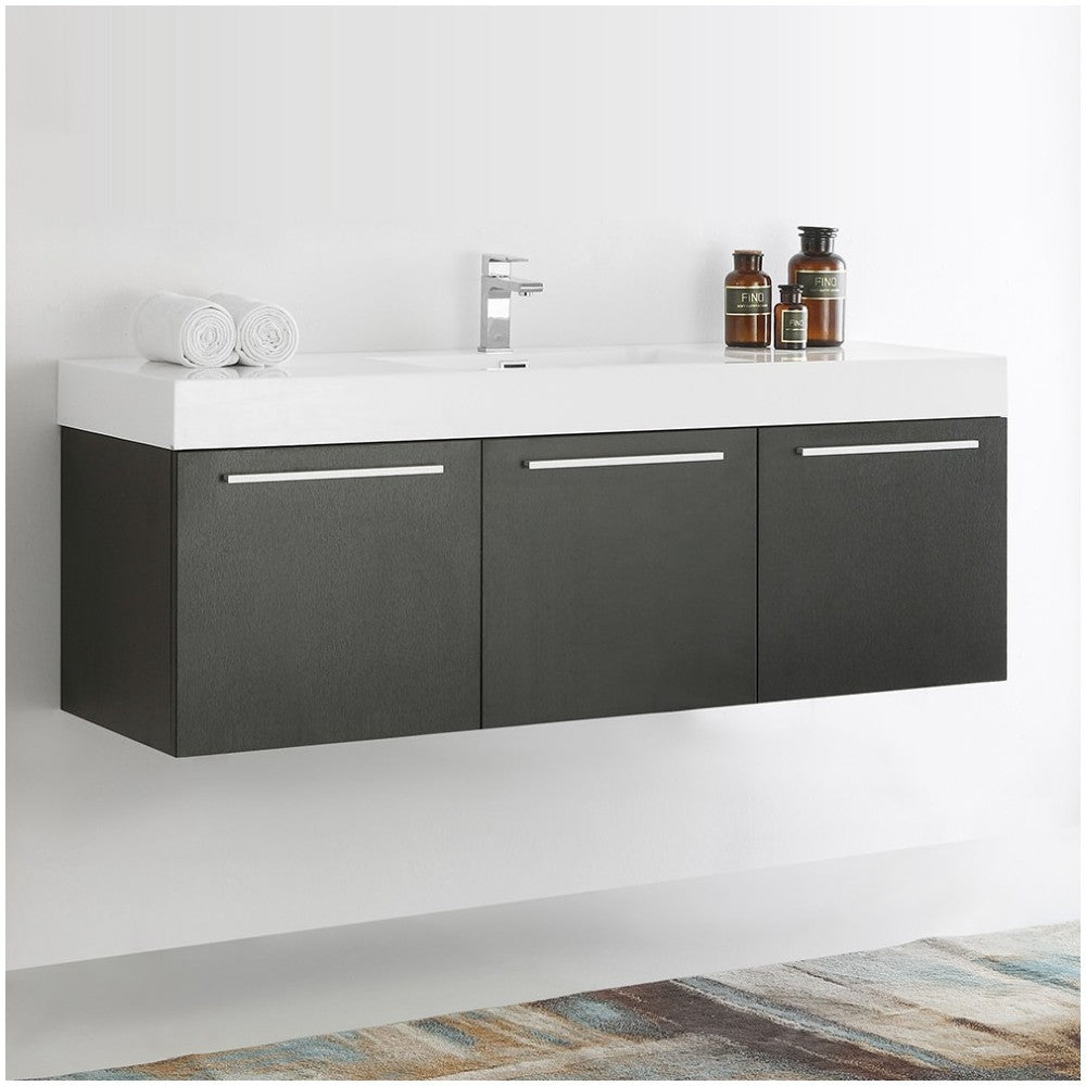 Vista 60" Black Wall Hung Single Sink Modern Bathroom Cabinet w/ Integrated Sink