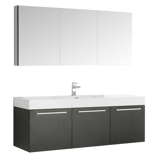 Vista 60" Black Wall Hung Single Sink Modern Bathroom Vanity w/ Medicine Cabinet