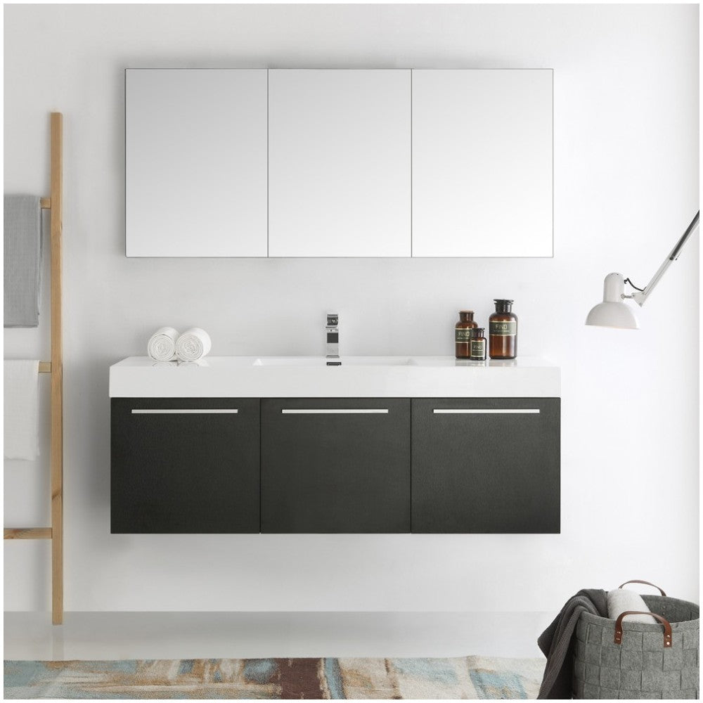 Vista 60" Black Wall Hung Single Sink Modern Bathroom Vanity w/ Medicine Cabinet