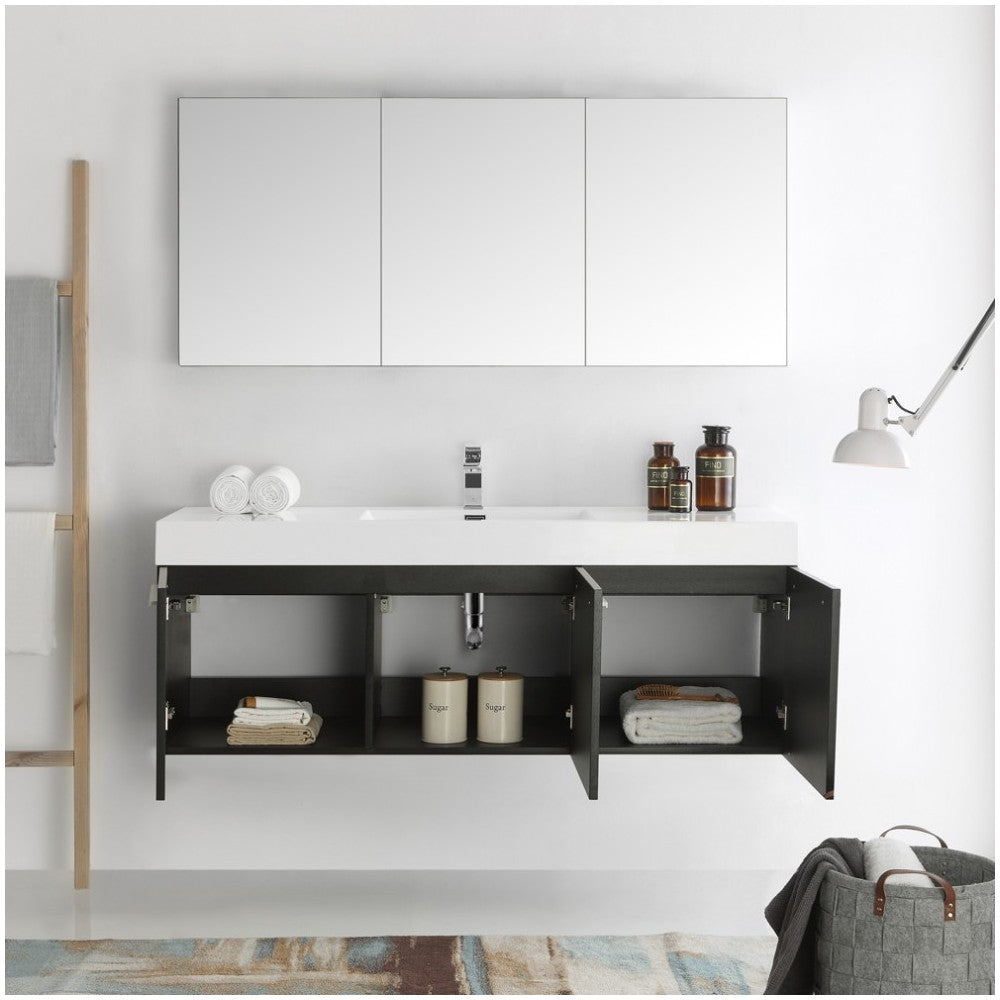 Vista 60" Black Wall Hung Single Sink Modern Bathroom Vanity w/ Medicine Cabinet