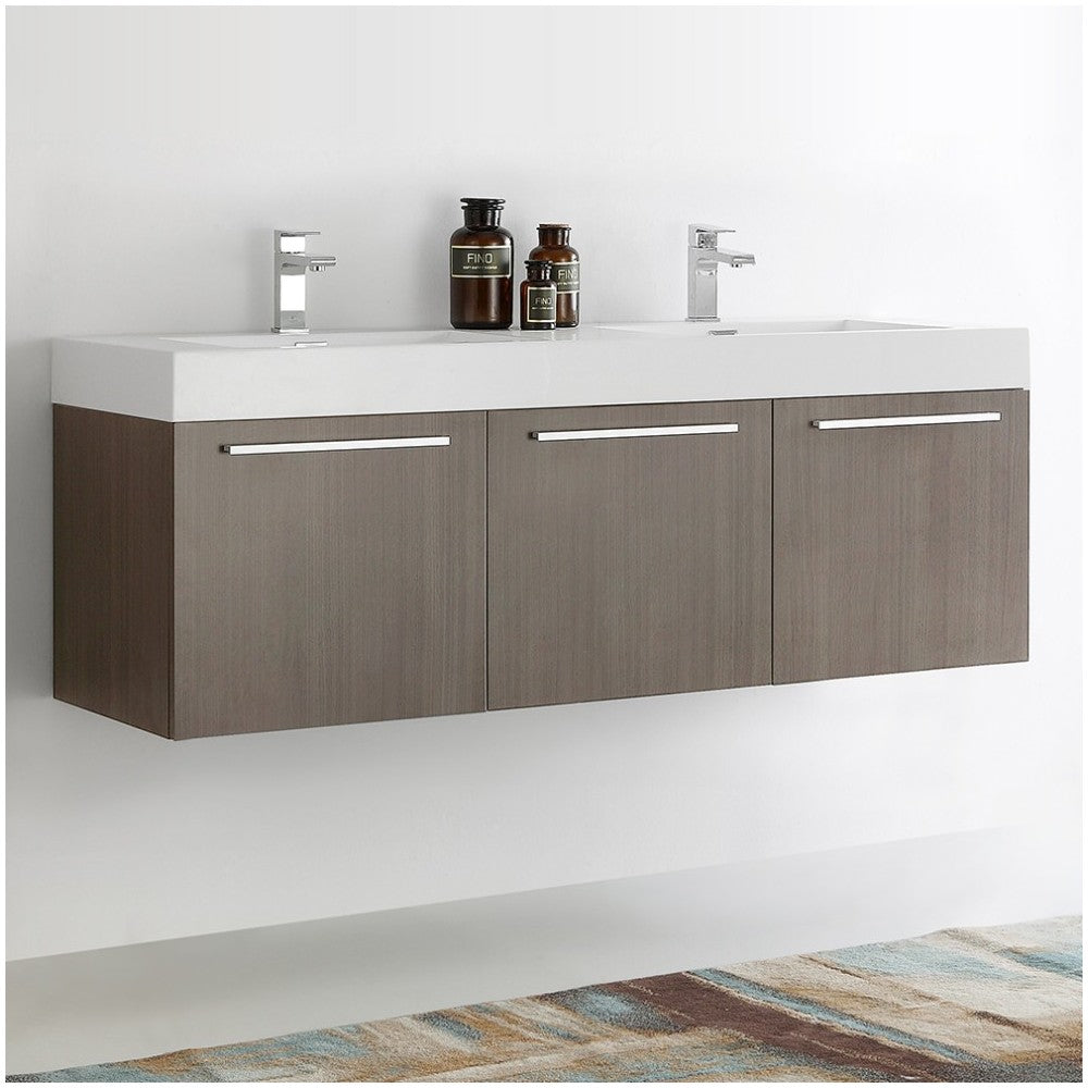 Vista 60 Gray Oak Wall Hung Double Sink Bathroom Cabinet w/ Integrated Sink
