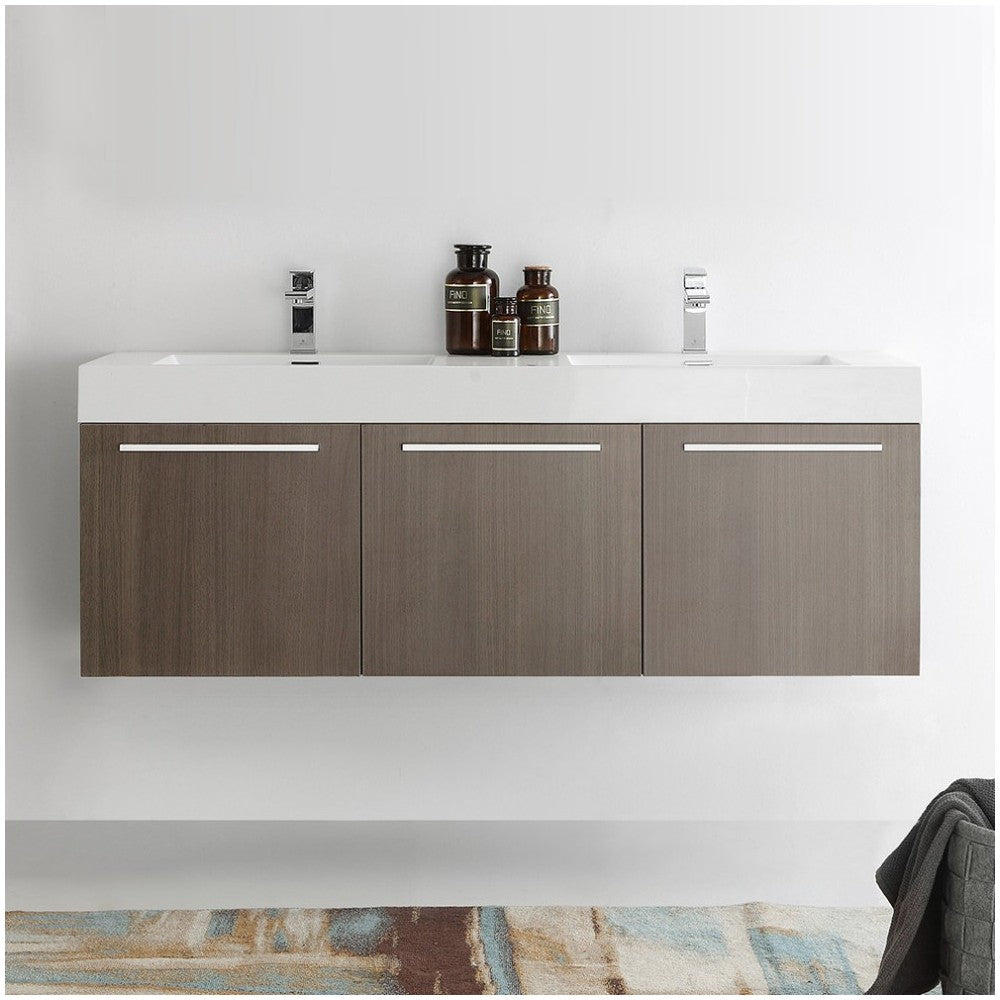 Vista 60 Gray Oak Wall Hung Double Sink Bathroom Cabinet w/ Integrated Sink