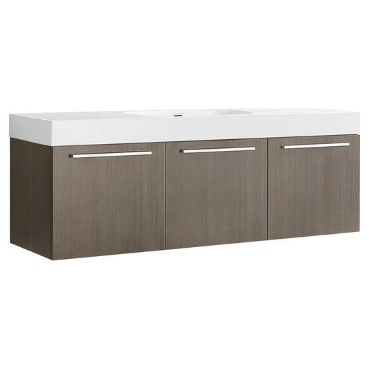 Vista 60 Gray Oak Wall Hung Single Sink Bathroom Cabinet w/ Integrated Sink