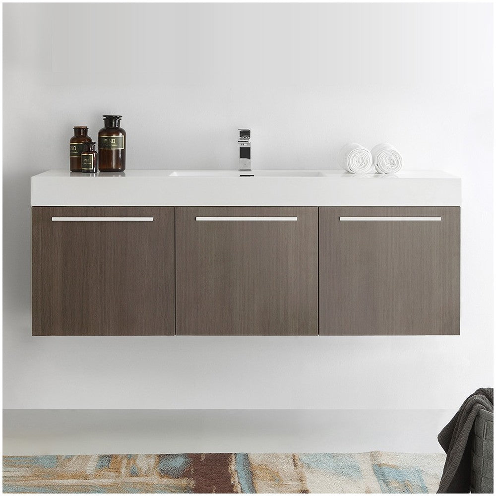 Vista 60 Gray Oak Wall Hung Single Sink Bathroom Cabinet w/ Integrated Sink
