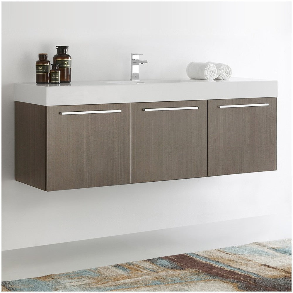 Vista 60 Gray Oak Wall Hung Single Sink Bathroom Cabinet w/ Integrated Sink