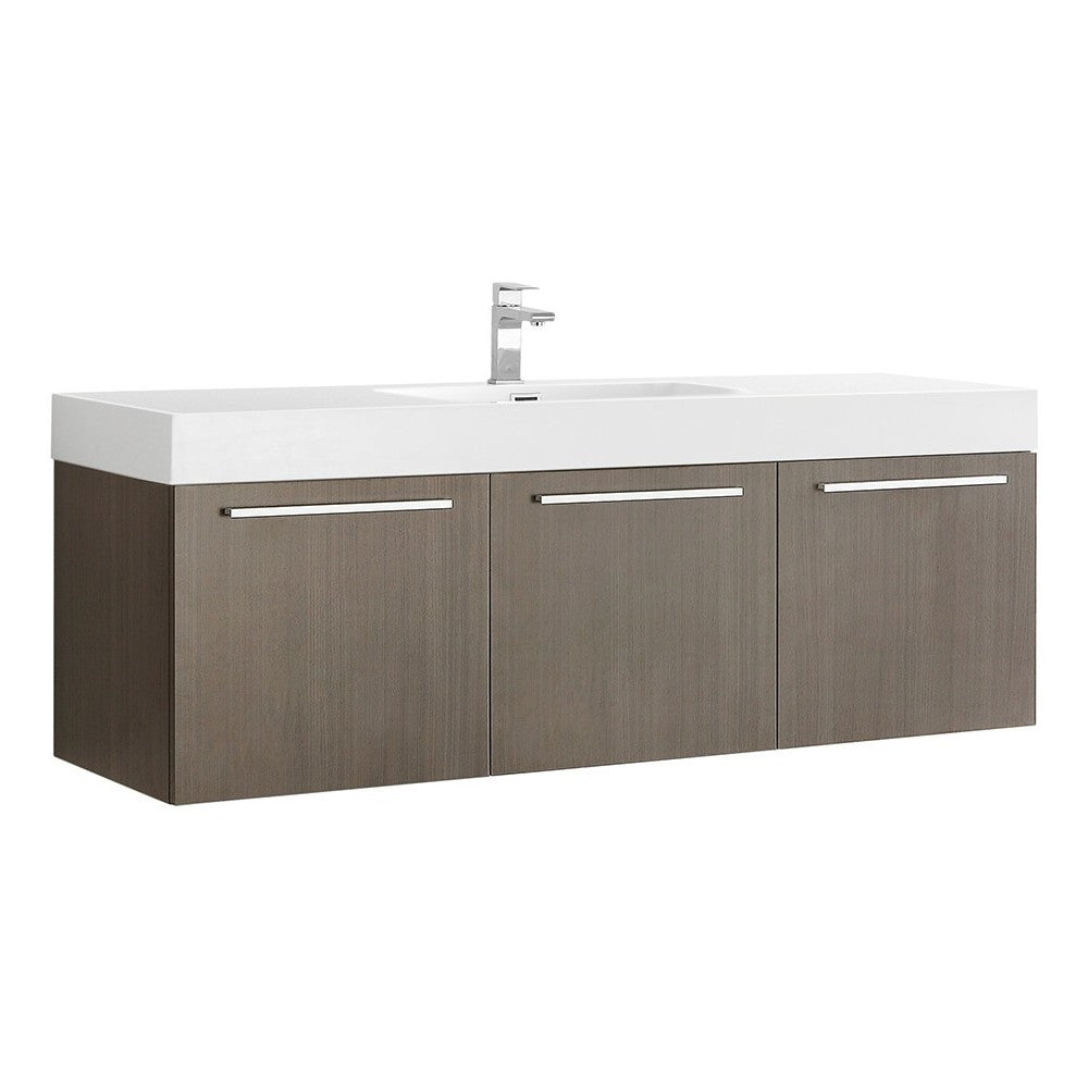 Vista 60 Gray Oak Wall Hung Single Sink Bathroom Cabinet w/ Integrated Sink