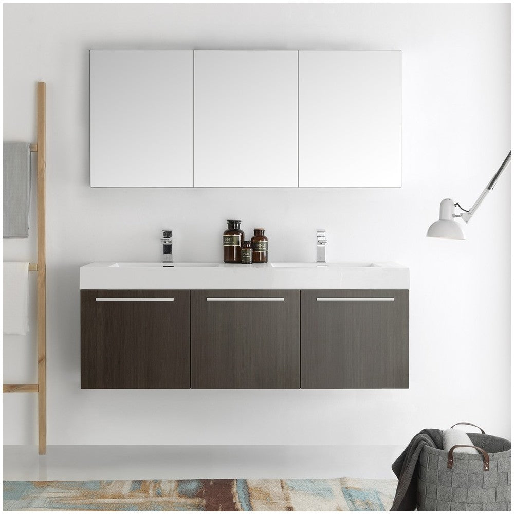 Vista 60 Gray Wall Hung Double Sink Modern Bathroom Vanity w/ Medicine Cabinet