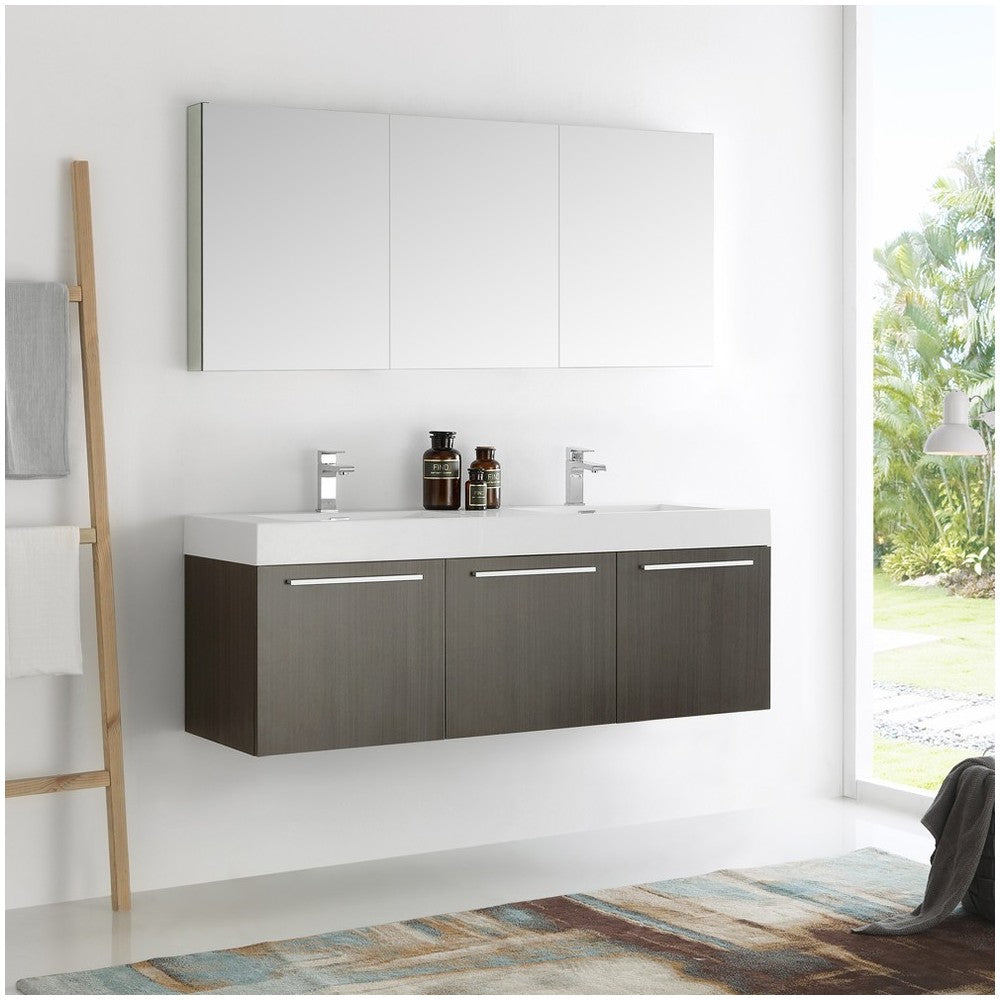 Vista 60 Gray Wall Hung Double Sink Modern Bathroom Vanity w/ Medicine Cabinet