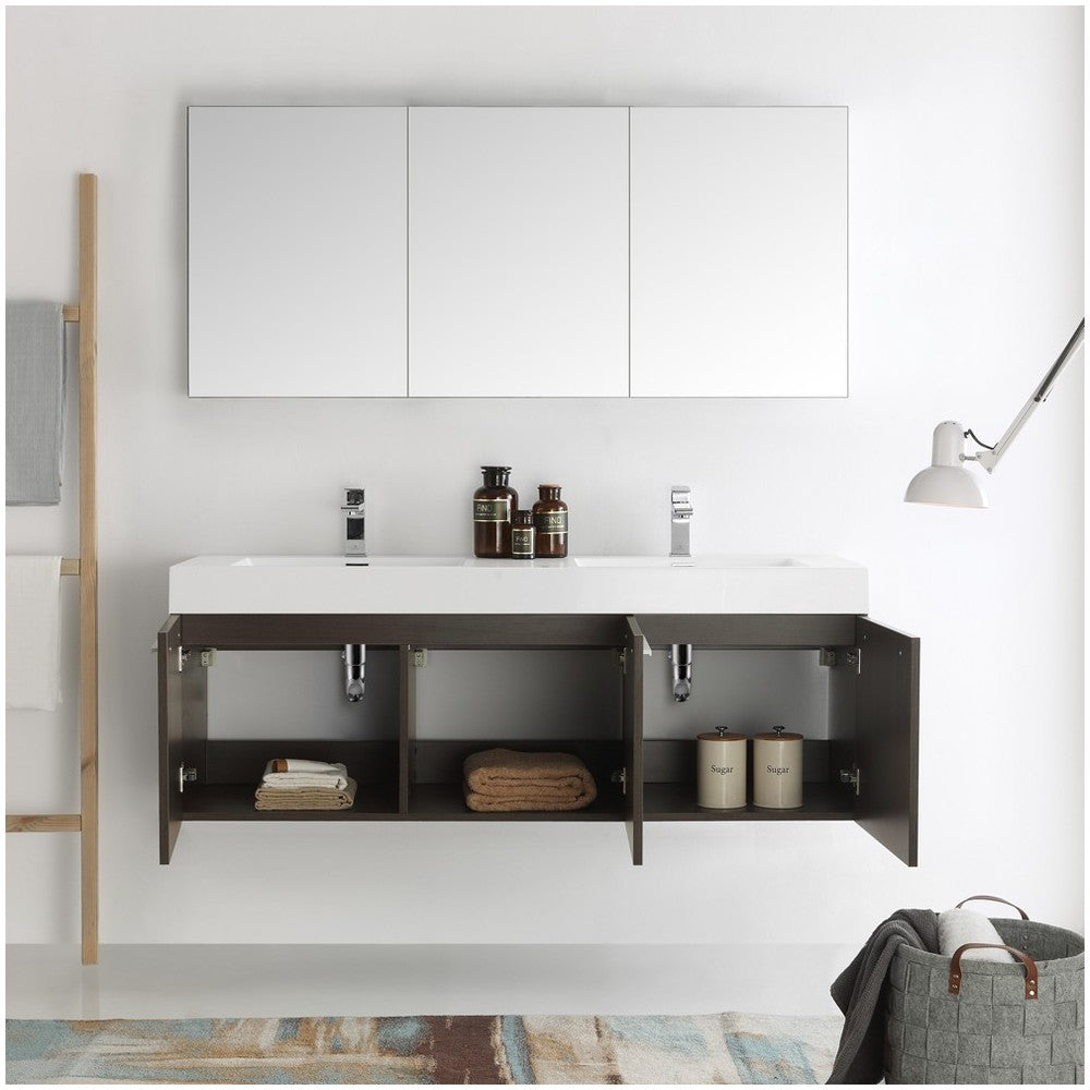 Vista 60 Gray Wall Hung Double Sink Modern Bathroom Vanity w/ Medicine Cabinet