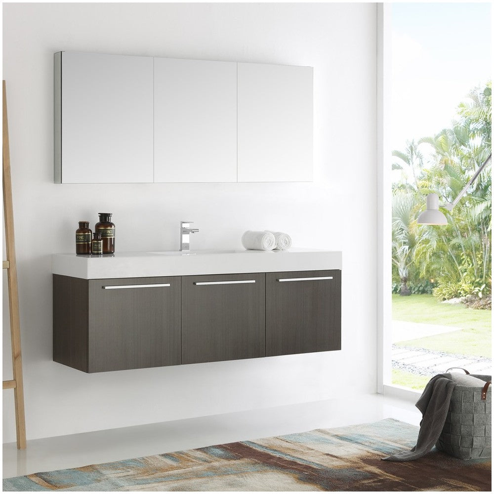 Vista 60 Gray Wall Hung Single Sink Modern Bathroom Vanity w/ Medicine Cabinet