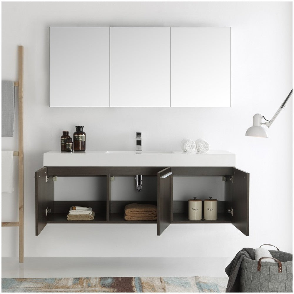 Vista 60 Gray Wall Hung Single Sink Modern Bathroom Vanity w/ Medicine Cabinet