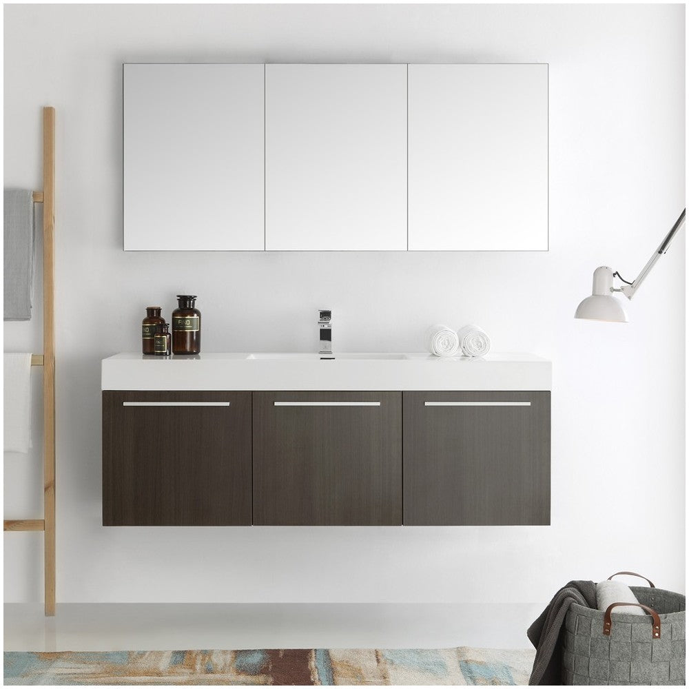 Vista 60 Gray Wall Hung Single Sink Modern Bathroom Vanity w/ Medicine Cabinet