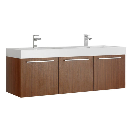 Vista 60" Teak Wall Hung Double Sink Modern Bathroom Cabinet w/ Integrated Sink