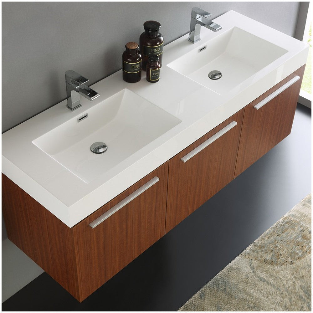 Vista 60" Teak Wall Hung Double Sink Modern Bathroom Cabinet w/ Integrated Sink