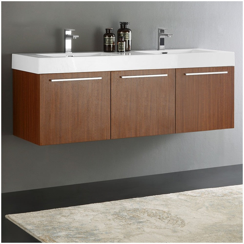 Vista 60" Teak Wall Hung Double Sink Modern Bathroom Cabinet w/ Integrated Sink