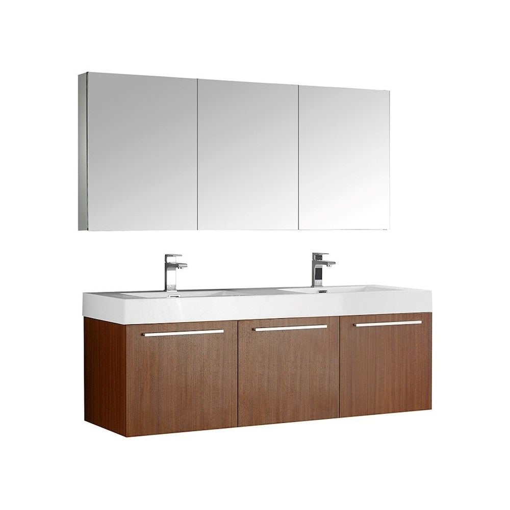 Vista 60" Teak Wall Hung Double Sink Modern Bathroom Vanity w/ Medicine Cabinet