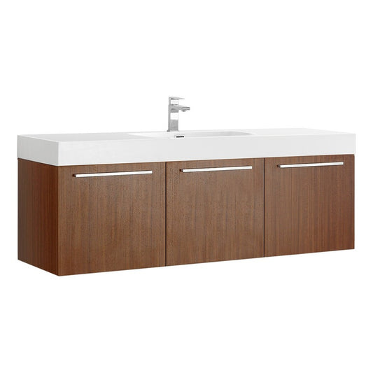 Vista 60" Teak Wall Hung Single Sink Modern Bathroom Cabinet w/ Integrated Sink