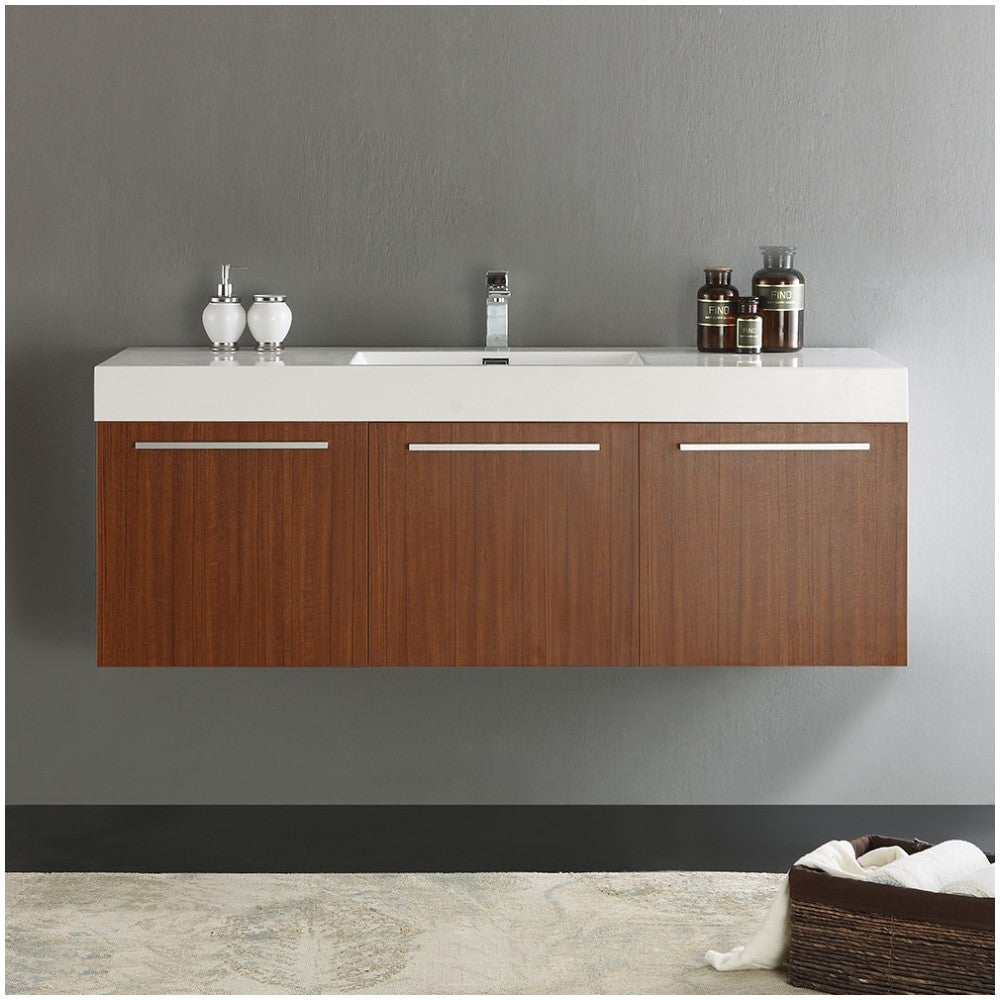Vista 60" Teak Wall Hung Single Sink Modern Bathroom Cabinet w/ Integrated Sink