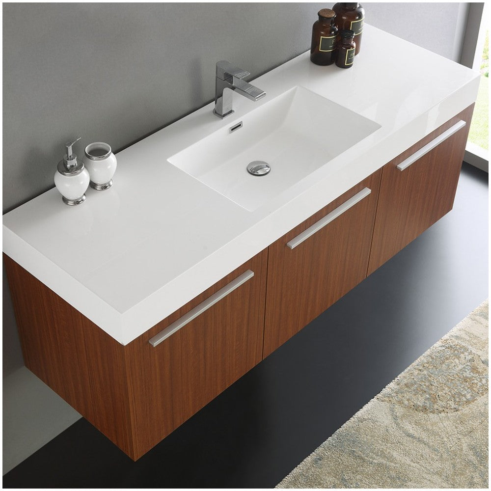 Vista 60" Teak Wall Hung Single Sink Modern Bathroom Cabinet w/ Integrated Sink