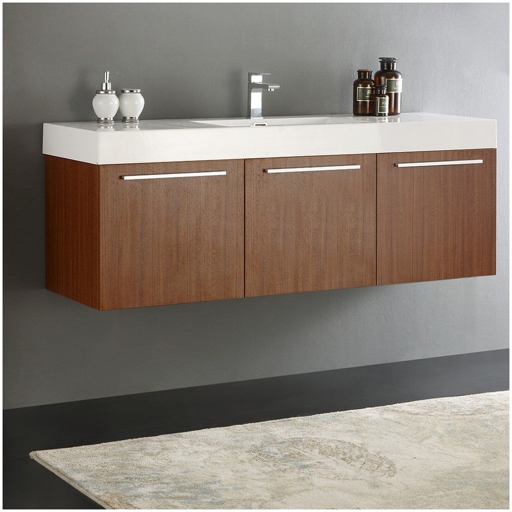Vista 60" Teak Wall Hung Single Sink Modern Bathroom Cabinet w/ Integrated Sink