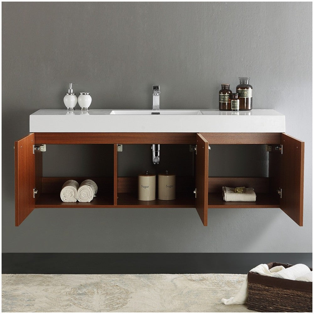 Vista 60" Teak Wall Hung Single Sink Modern Bathroom Cabinet w/ Integrated Sink