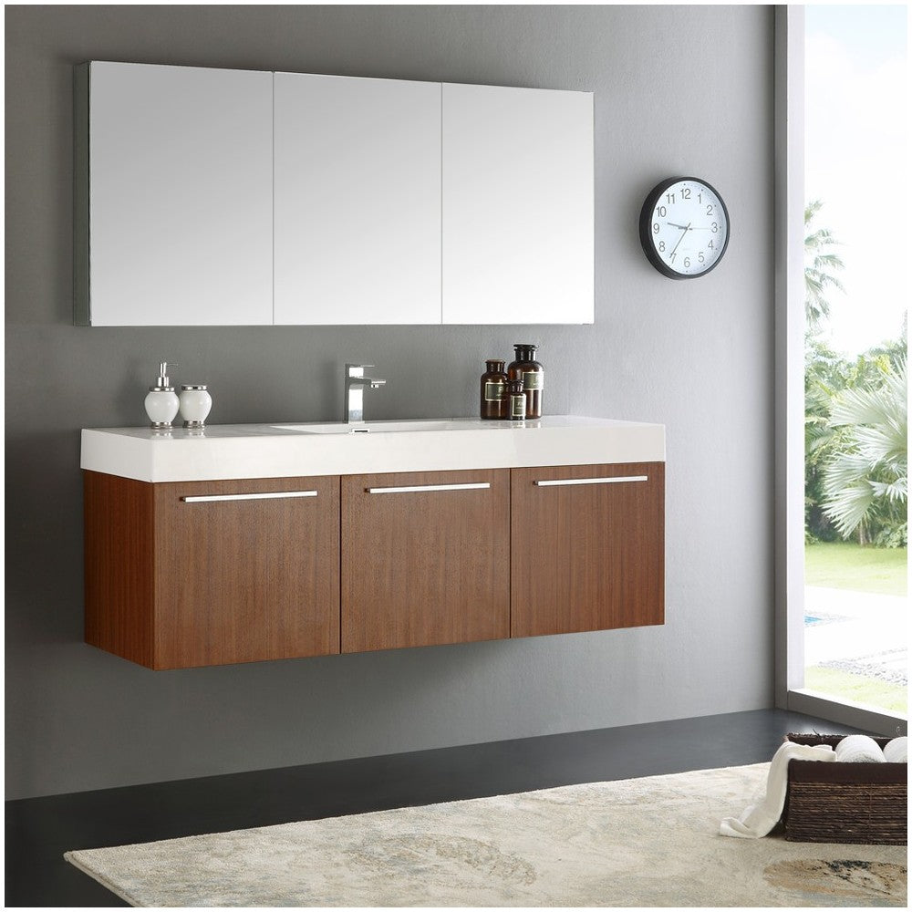 Vista 60" Teak Wall Hung Single Sink Modern Bathroom Vanity w/ Medicine Cabinet