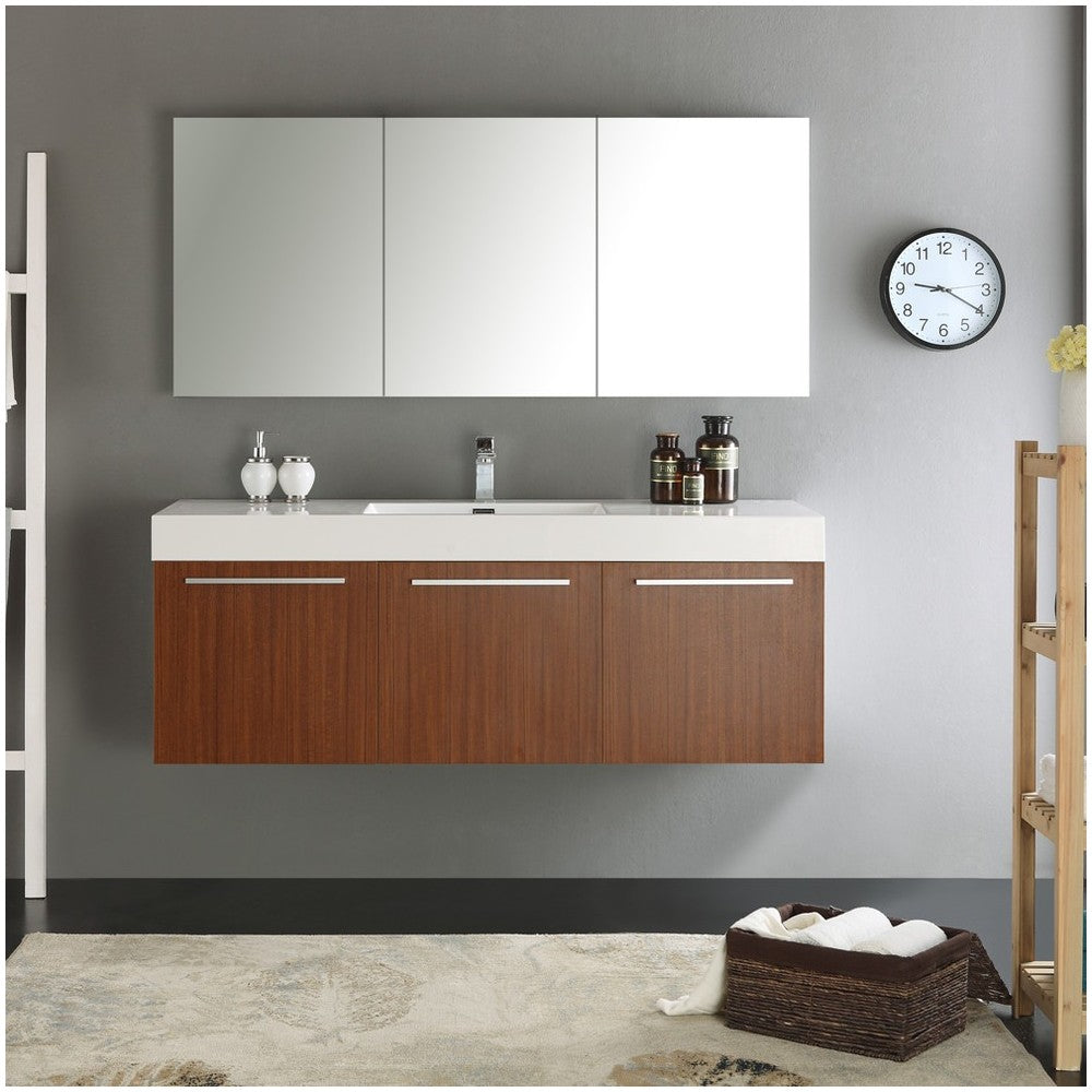 Vista 60" Teak Wall Hung Single Sink Modern Bathroom Vanity w/ Medicine Cabinet