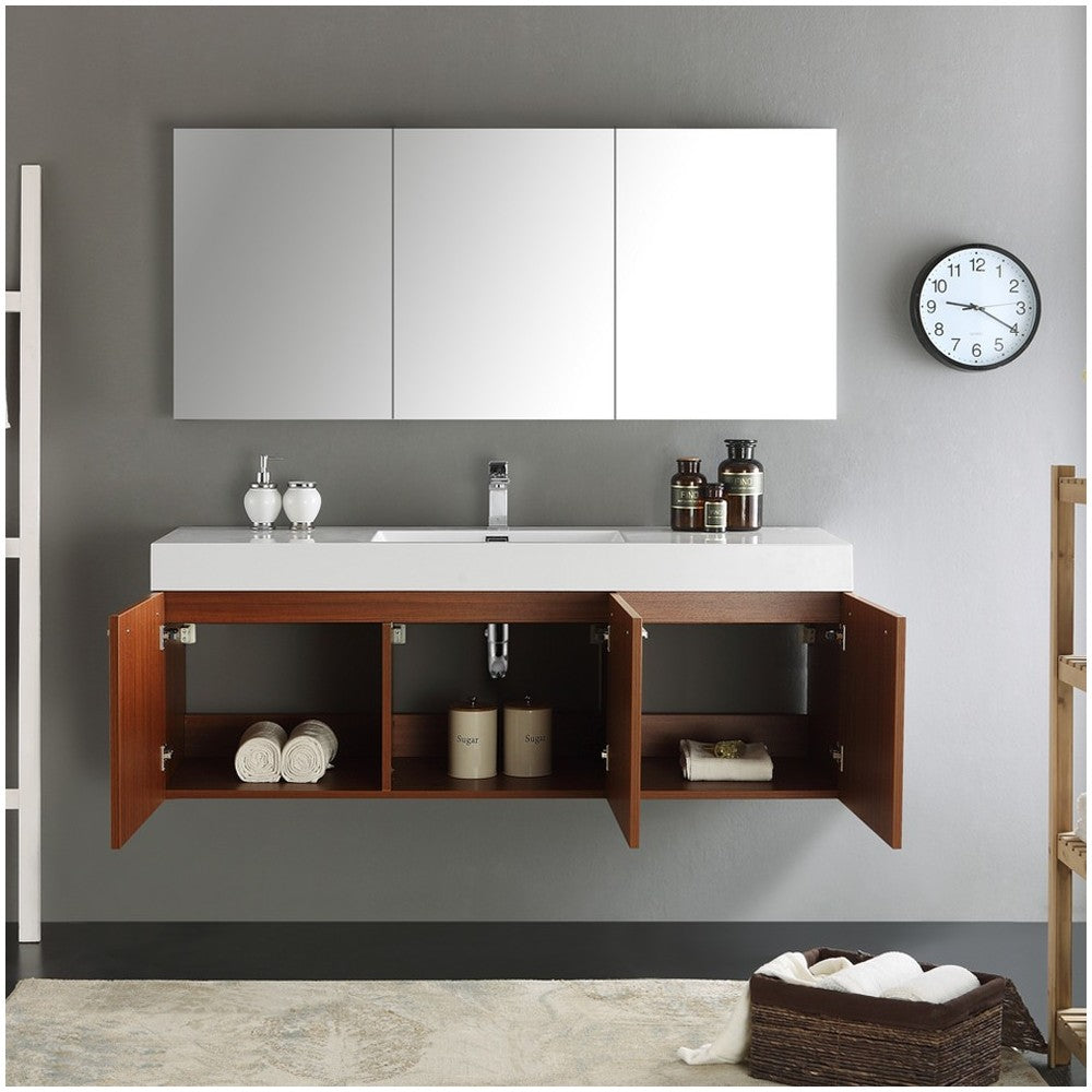 Vista 60" Teak Wall Hung Single Sink Modern Bathroom Vanity w/ Medicine Cabinet