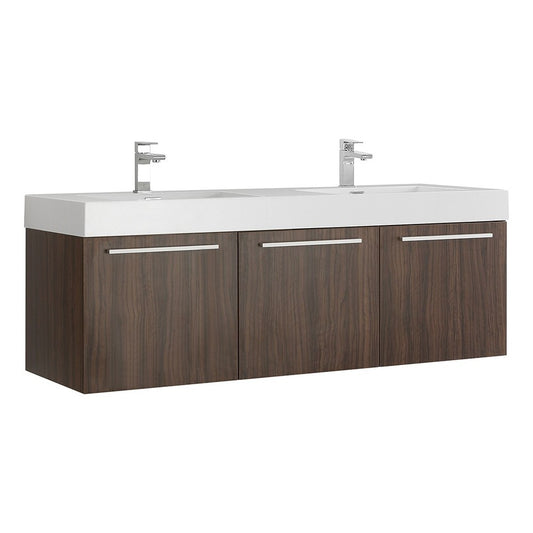 Vista 60 Walnut Wall Hung Double Sink Modern Bathroom Cabinet w/ Integrated Sink