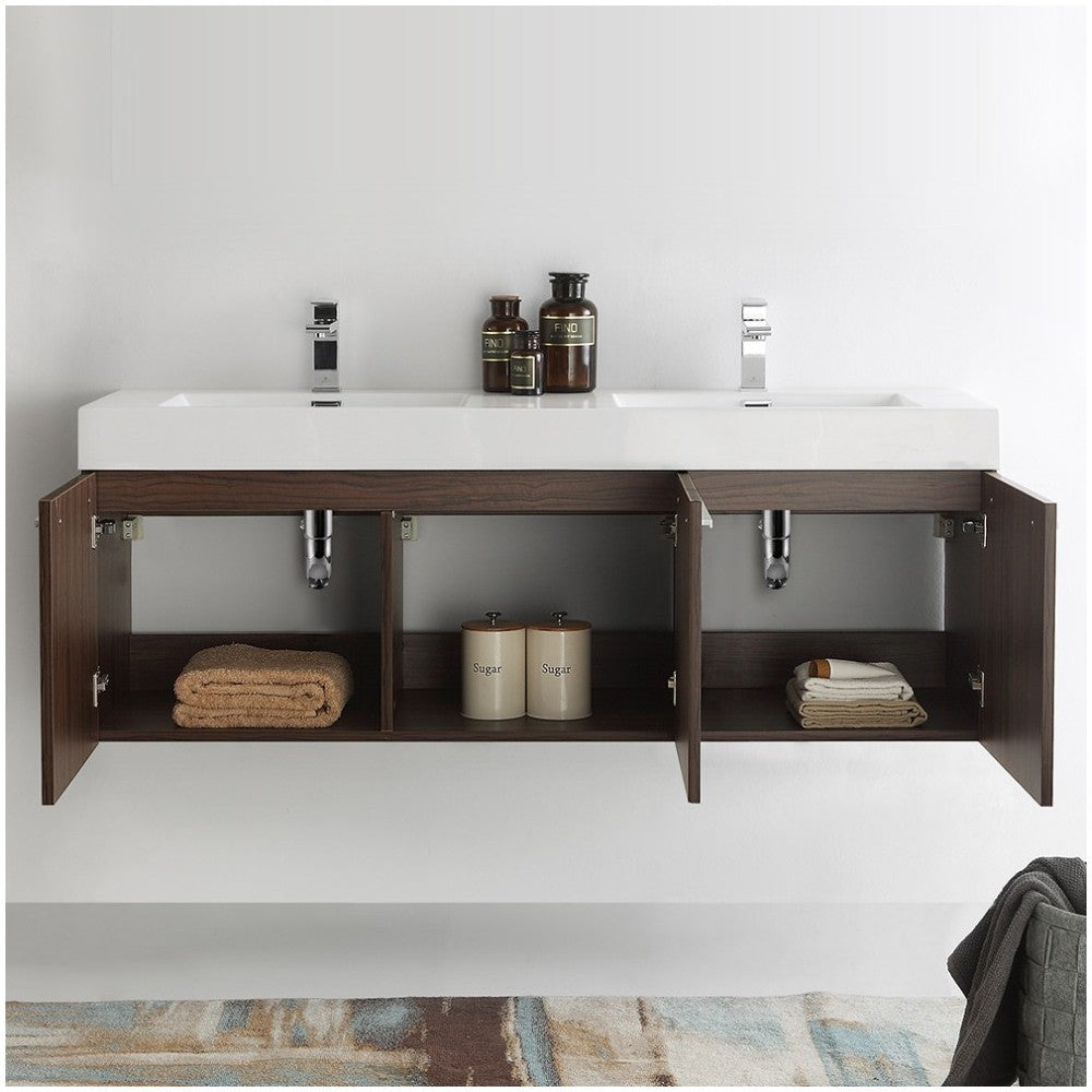 Vista 60 Walnut Wall Hung Double Sink Modern Bathroom Cabinet w/ Integrated Sink