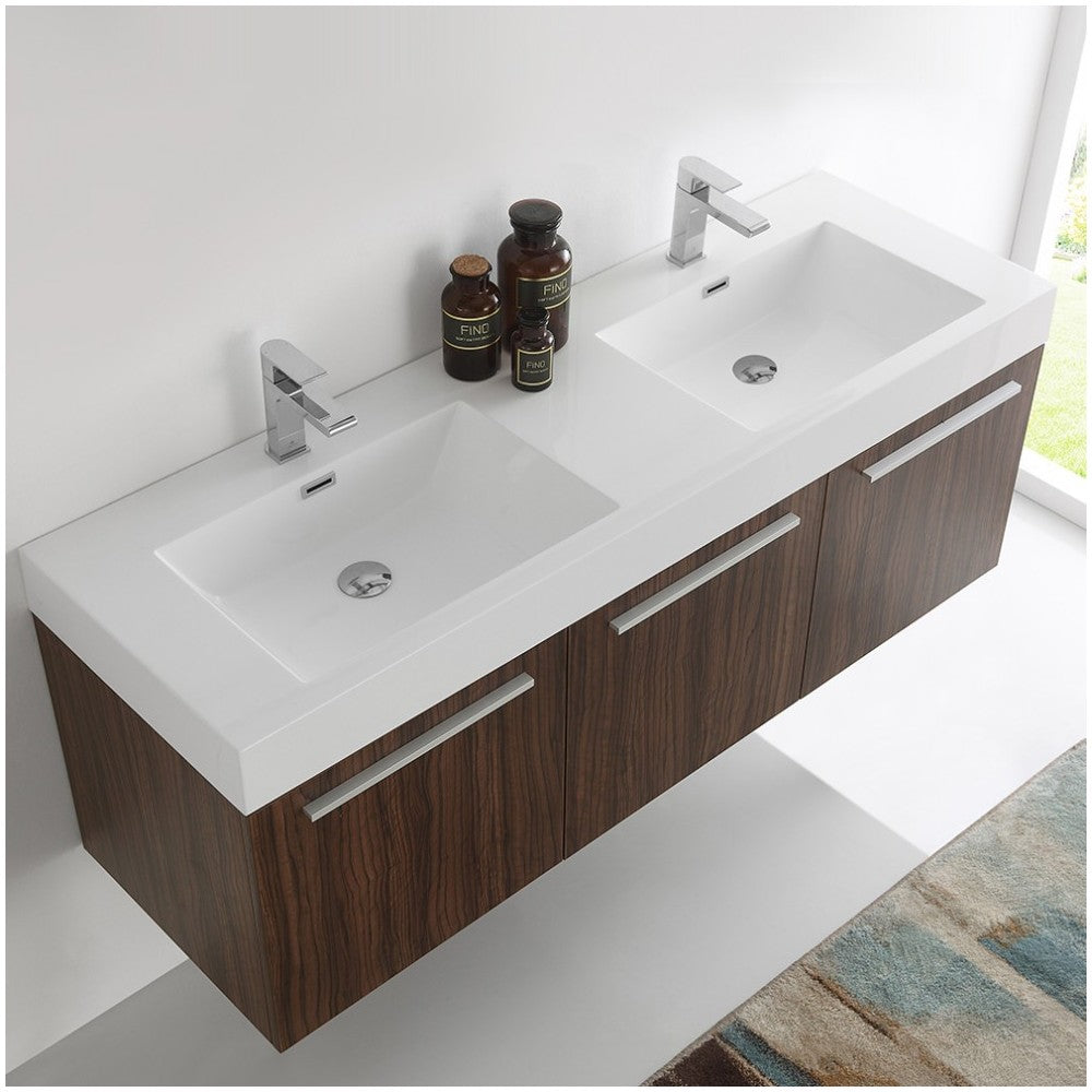Vista 60 Walnut Wall Hung Double Sink Modern Bathroom Cabinet w/ Integrated Sink