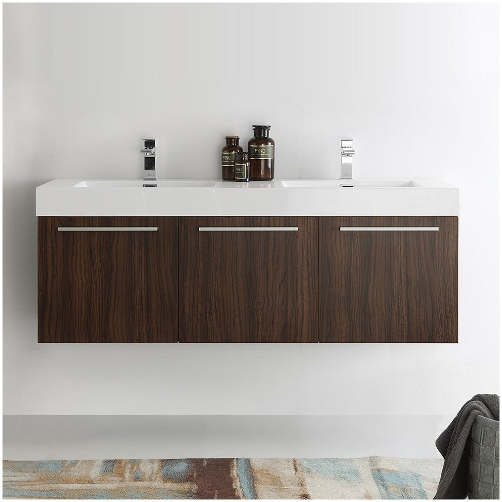 Vista 60 Walnut Wall Hung Double Sink Modern Bathroom Cabinet w/ Integrated Sink