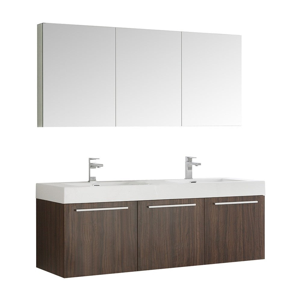 Vista 60 Walnut Wall Hung Double Sink Modern Bathroom Vanity w/ Medicine Cabinet