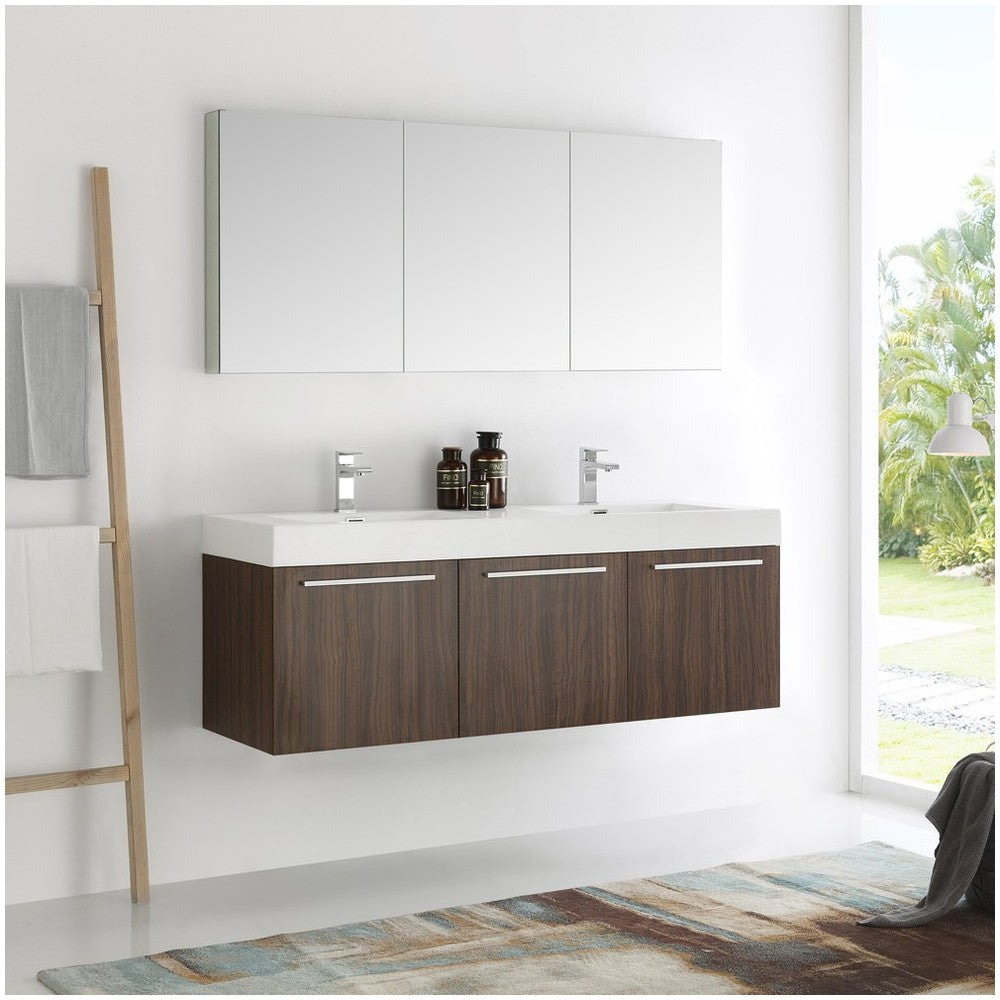 Vista 60 Walnut Wall Hung Double Sink Modern Bathroom Vanity w/ Medicine Cabinet