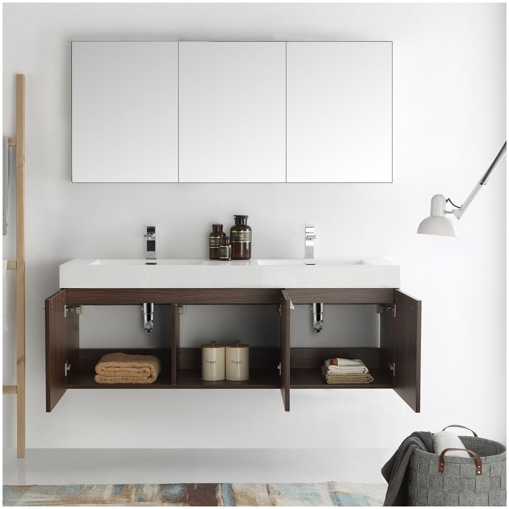 Vista 60 Walnut Wall Hung Double Sink Modern Bathroom Vanity w/ Medicine Cabinet