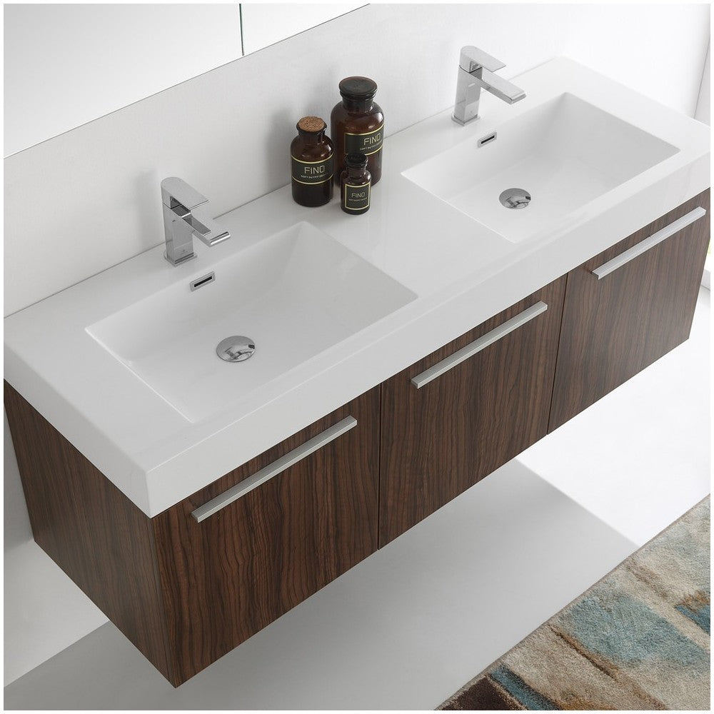 Vista 60 Walnut Wall Hung Double Sink Modern Bathroom Vanity w/ Medicine Cabinet