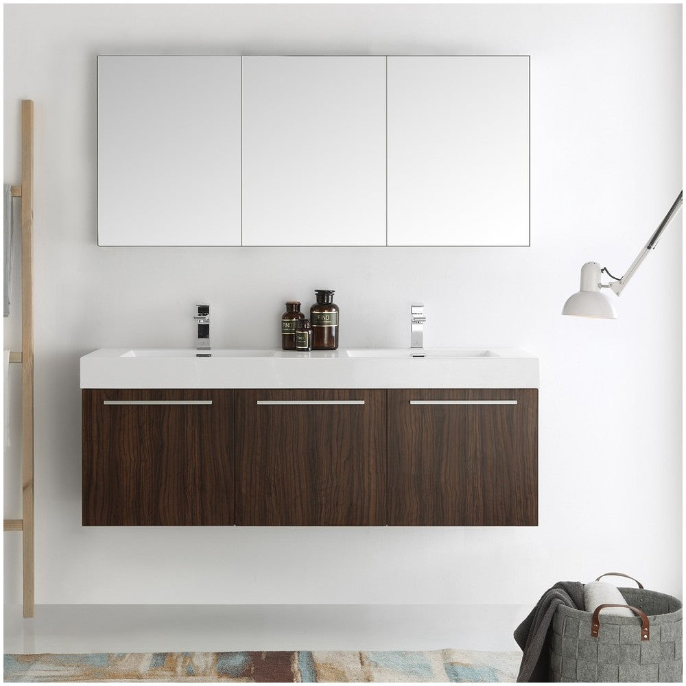 Vista 60 Walnut Wall Hung Double Sink Modern Bathroom Vanity w/ Medicine Cabinet