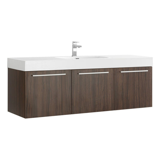 Vista 60 Walnut Wall Hung Single Sink Modern Bathroom Cabinet w/ Integrated Sink