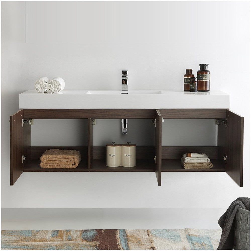 Vista 60 Walnut Wall Hung Single Sink Modern Bathroom Cabinet w/ Integrated Sink