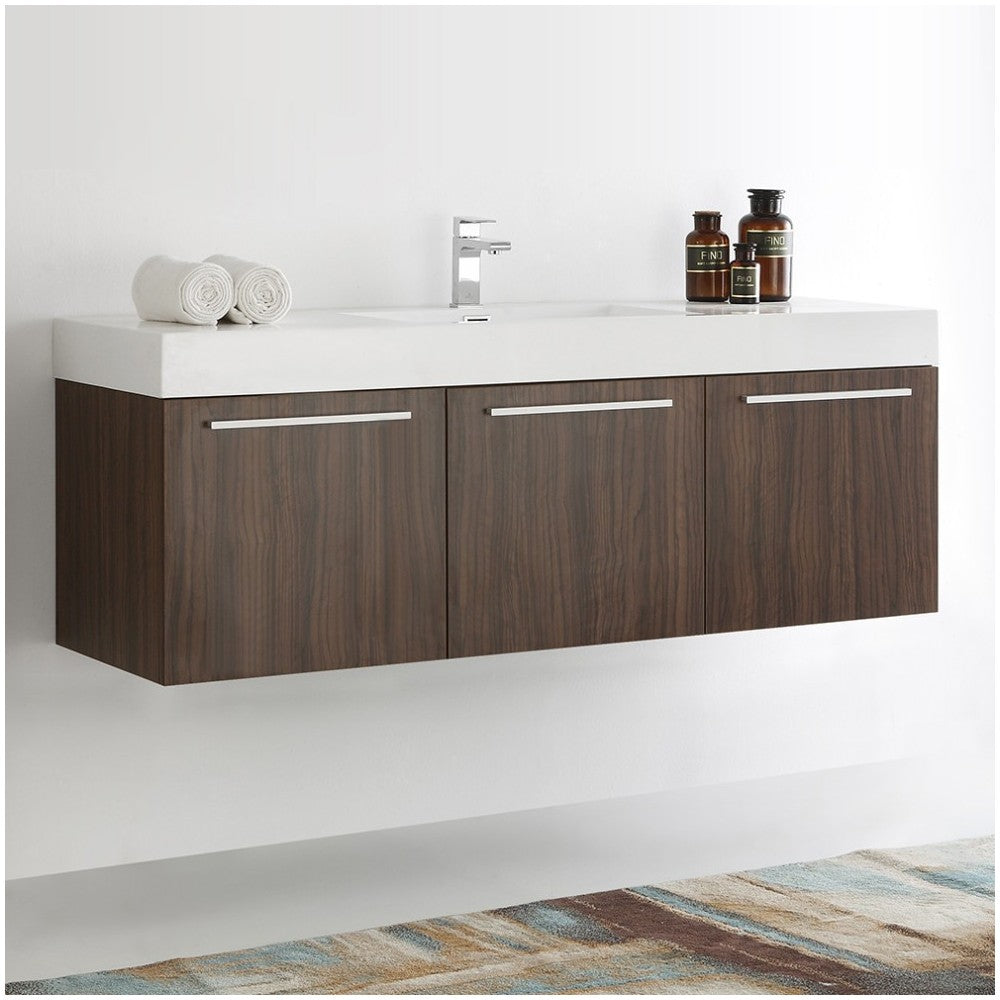 Vista 60 Walnut Wall Hung Single Sink Modern Bathroom Cabinet w/ Integrated Sink