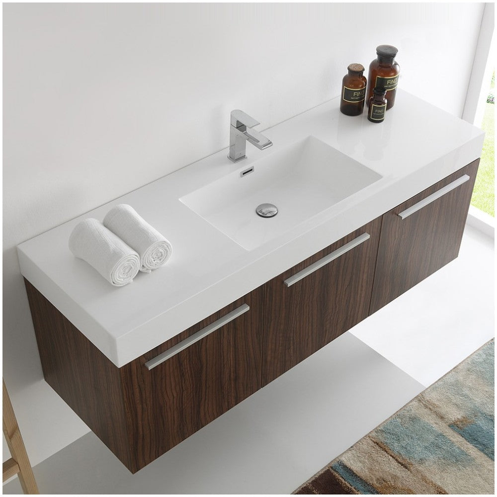 Vista 60 Walnut Wall Hung Single Sink Modern Bathroom Cabinet w/ Integrated Sink