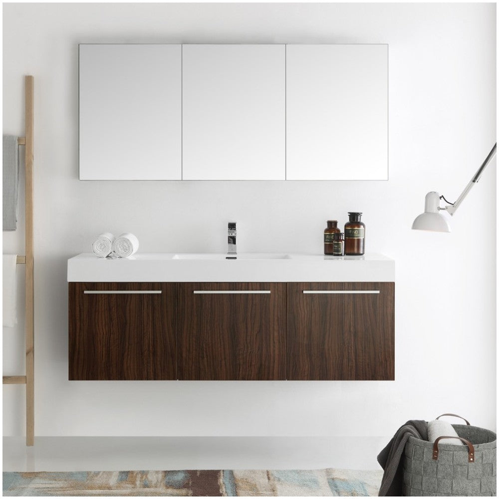 Vista 60 Walnut Wall Hung Single Sink Modern Bathroom Vanity w/ Medicine Cabinet