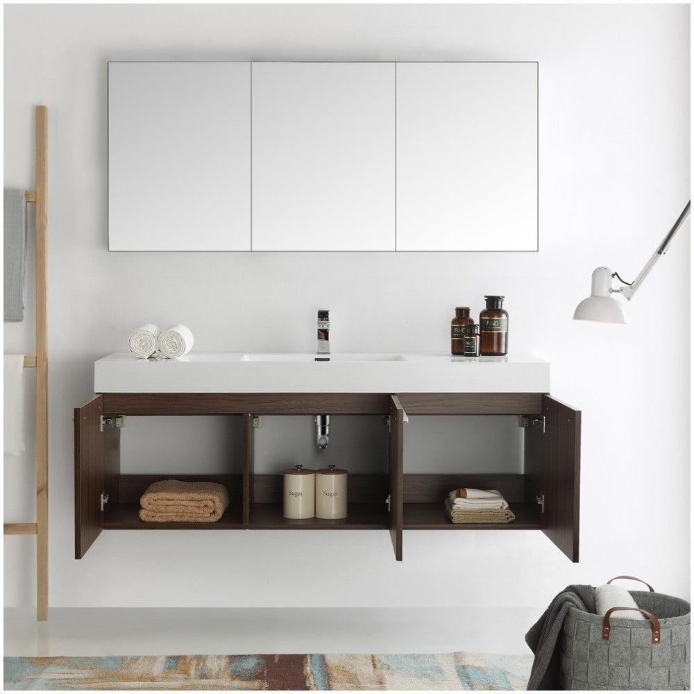 Vista 60 Walnut Wall Hung Single Sink Modern Bathroom Vanity w/ Medicine Cabinet