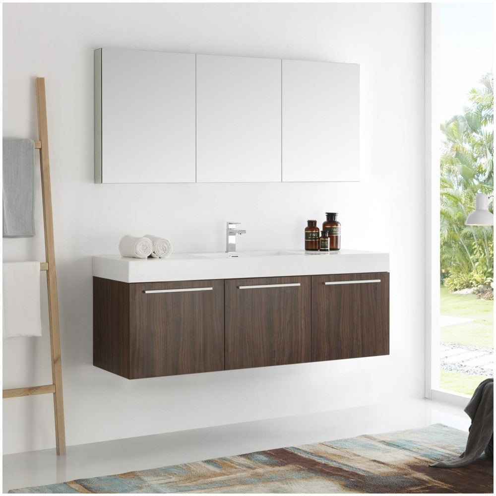 Vista 60 Walnut Wall Hung Single Sink Modern Bathroom Vanity w/ Medicine Cabinet